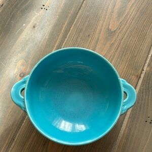 Vintage mid-century turquoise soup bowl with handles.